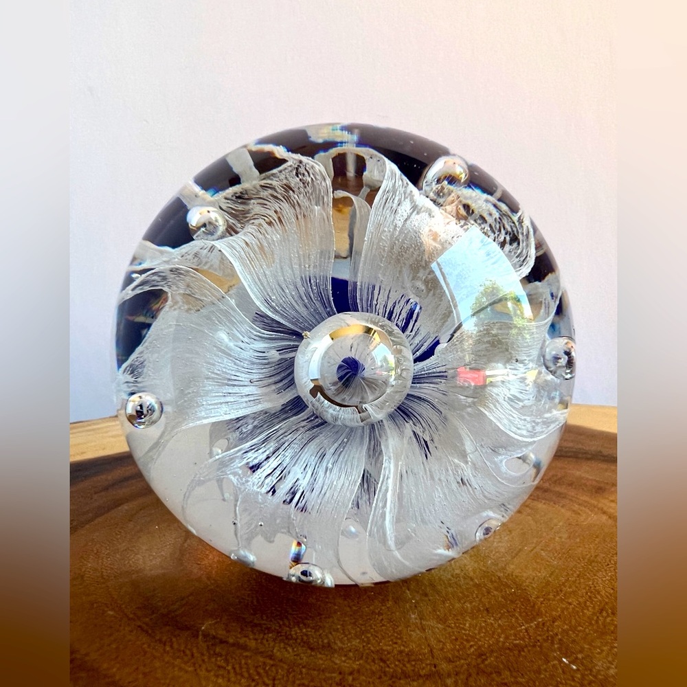 Vintage Blown Glass Paper Weight White Lace Flower, Cobalt Blue With Bubbles
